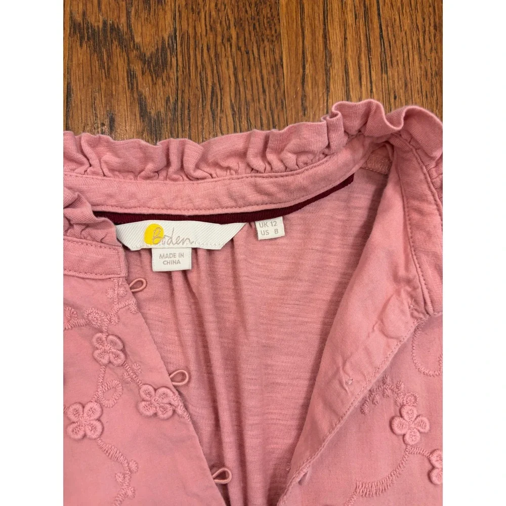 Boden Pink Embroidered Ruffle Bib Long Sleeve Slub Jersey Top Womens 8